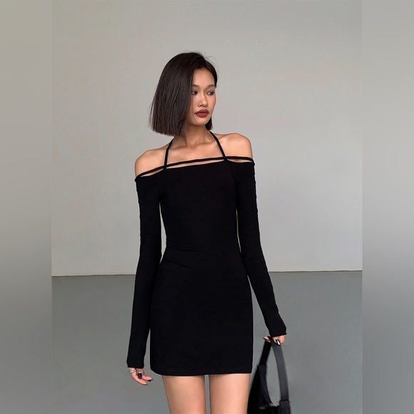 Hot Black Off-the-Shoulder Halter Dress, Long Sleeve Slim Fit Bodycon (new) - Picture 1 of 6